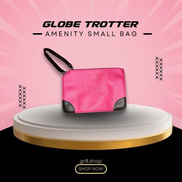 Globe-Trotter Pink Leather Small Amenity Bag With Black Handle & Corners Blue Pa - Picture 1 of 6